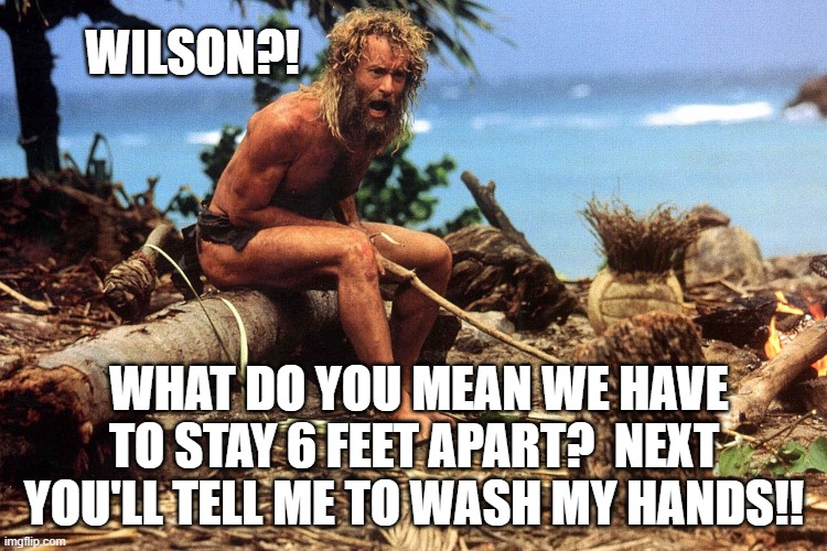 Cast away | WILSON?! WHAT DO YOU MEAN WE HAVE TO STAY 6 FEET APART?  NEXT YOU'LL TELL ME TO WASH MY HANDS!! | image tagged in cast away | made w/ Imgflip meme maker