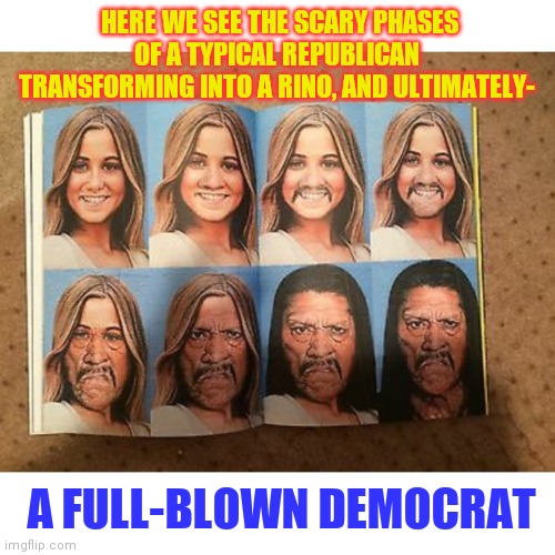 Brady to Trejo - when good Marcia goes bad | HERE WE SEE THE SCARY PHASES OF A TYPICAL REPUBLICAN TRANSFORMING INTO A RINO, AND ULTIMATELY-; A FULL-BLOWN DEMOCRAT | image tagged in brady to trejo transition,transformers,one does not simply do drugs,rino,good idea/bad idea | made w/ Imgflip meme maker