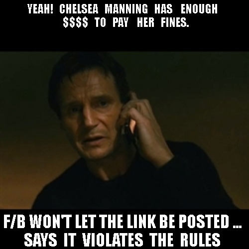 Liam Neeson Taken | YEAH!   CHELSEA   MANNING   HAS    ENOUGH  
 $$$$   TO   PAY    HER   FINES. F/B WON'T LET THE LINK BE POSTED ...
SAYS  IT  VIOLATES  THE  RULES | image tagged in memes,liam neeson taken | made w/ Imgflip meme maker