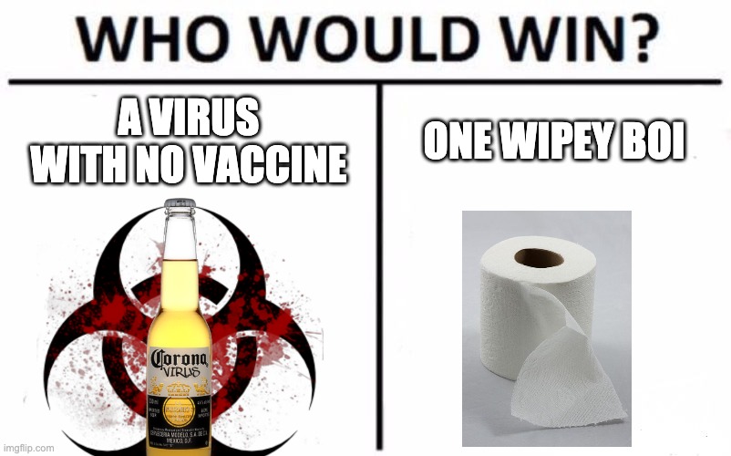 Who Would Win? | A VIRUS WITH NO VACCINE; ONE WIPEY BOI | image tagged in memes,who would win | made w/ Imgflip meme maker
