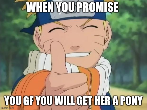 naruto thumbs up | WHEN YOU PROMISE; YOU GF YOU WILL GET HER A PONY | image tagged in naruto thumbs up | made w/ Imgflip meme maker