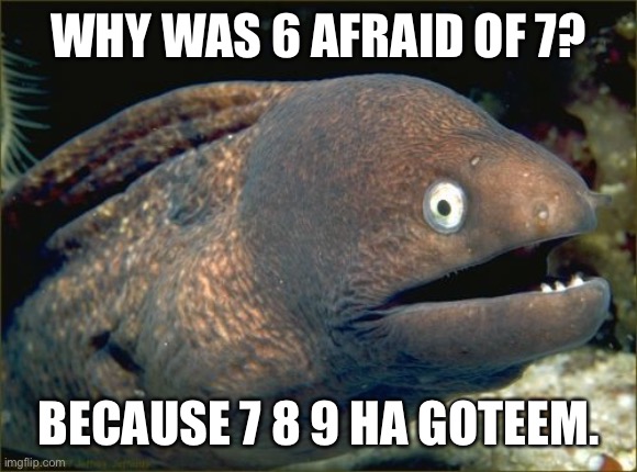 Bad Joke Eel Meme | WHY WAS 6 AFRAID OF 7? BECAUSE 7 8 9 HA GOTEEM. | image tagged in memes,bad joke eel | made w/ Imgflip meme maker