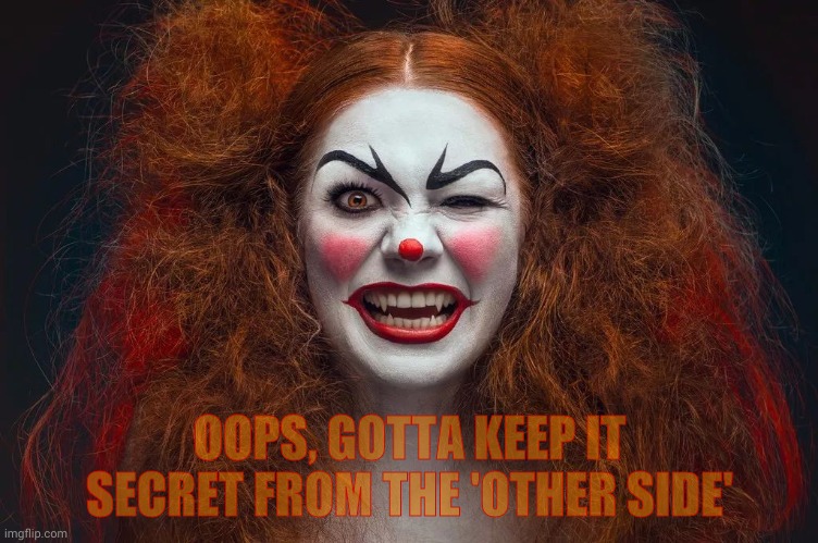 Vampire Clown Redhead | OOPS, GOTTA KEEP IT SECRET FROM THE 'OTHER SIDE' | image tagged in vampire clown redhead | made w/ Imgflip meme maker