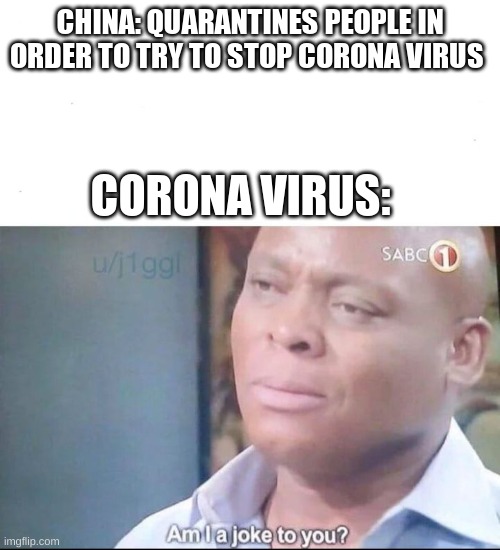 am I a joke to you | CHINA: QUARANTINES PEOPLE IN ORDER TO TRY TO STOP CORONA VIRUS; CORONA VIRUS: | image tagged in am i a joke to you | made w/ Imgflip meme maker