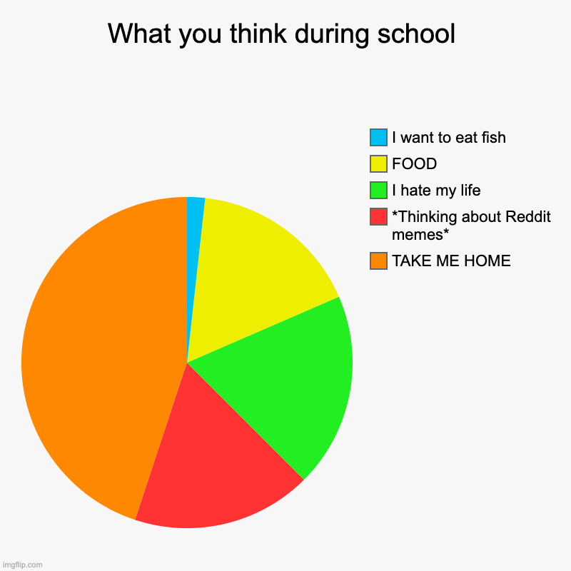 What you think during school | TAKE ME HOME, *Thinking about Reddit memes*, I hate my life, FOOD, I want to eat fish | image tagged in charts,pie charts | made w/ Imgflip chart maker