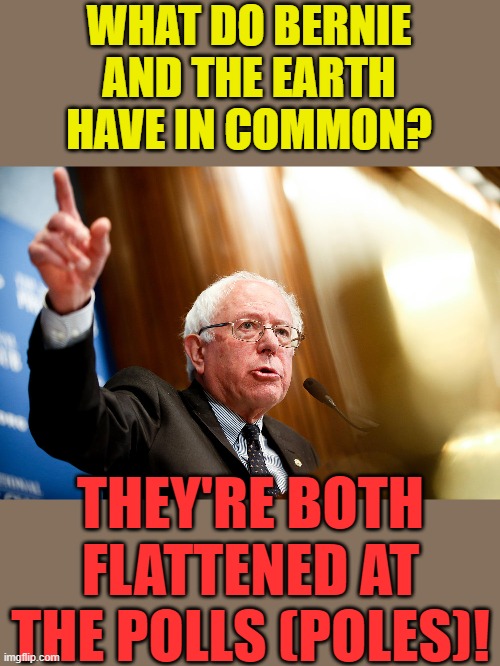 Bernie Sanders Speech | WHAT DO BERNIE AND THE EARTH HAVE IN COMMON? THEY'RE BOTH FLATTENED AT THE POLLS (POLES)! | image tagged in bernie sanders speech | made w/ Imgflip meme maker