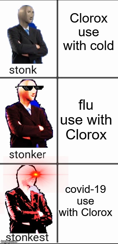 Stonk by level | Clorox use with cold; flu use with Clorox; covid-19 use with Clorox | image tagged in stonk by level | made w/ Imgflip meme maker