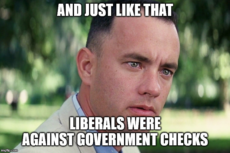 And Just Like That Meme | AND JUST LIKE THAT; LIBERALS WERE AGAINST GOVERNMENT CHECKS | image tagged in memes,and just like that | made w/ Imgflip meme maker