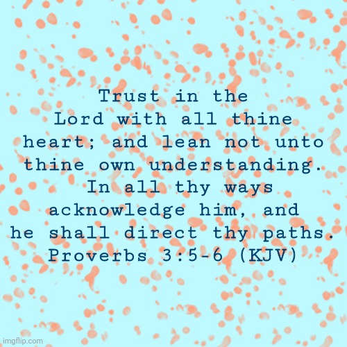 Proverbs 3:5-6 | Trust in the Lord with all thine heart; and lean not unto thine own understanding.  In all thy ways acknowledge him, and he shall direct thy paths.
Proverbs 3:5‭-‬6 (KJV) | image tagged in pretty background | made w/ Imgflip meme maker