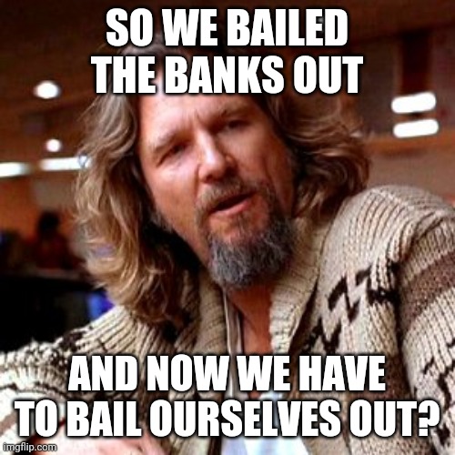 Confused Lebowski | SO WE BAILED THE BANKS OUT; AND NOW WE HAVE TO BAIL OURSELVES OUT? | image tagged in memes,confused lebowski | made w/ Imgflip meme maker