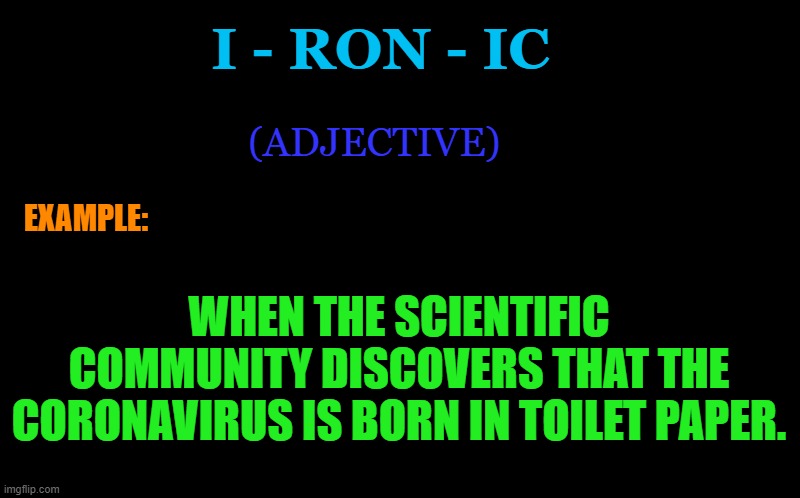 black screen | I - RON - IC; (ADJECTIVE); EXAMPLE:; WHEN THE SCIENTIFIC COMMUNITY DISCOVERS THAT THE CORONAVIRUS IS BORN IN TOILET PAPER. | image tagged in black screen | made w/ Imgflip meme maker