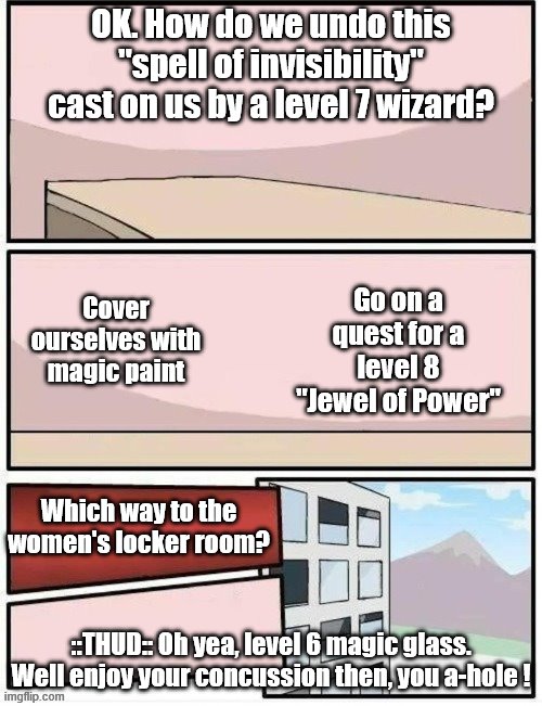 Why not use this template a bit more? | OK. How do we undo this "spell of invisibility" cast on us by a level 7 wizard? Go on a quest for a level 8 "Jewel of Power"; Cover ourselves with magic paint; Which way to the women's locker room? ::THUD:: Oh yea, level 6 magic glass. Well enjoy your concussion then, you a-hole ! | image tagged in boardroom meeting suggestion | made w/ Imgflip meme maker