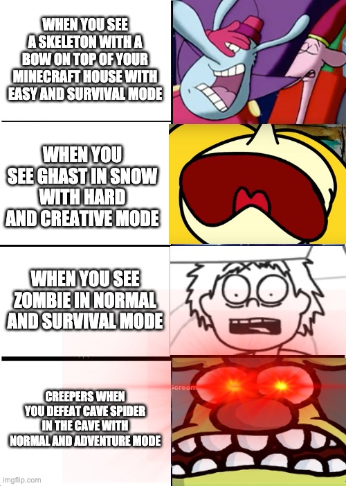 Expanding Brain Meme | WHEN YOU SEE A SKELETON WITH A BOW ON TOP OF YOUR MINECRAFT HOUSE WITH EASY AND SURVIVAL MODE; WHEN YOU SEE GHAST IN SNOW WITH HARD AND CREATIVE MODE; WHEN YOU SEE ZOMBIE IN NORMAL AND SURVIVAL MODE; CREEPERS WHEN YOU DEFEAT CAVE SPIDER IN THE CAVE WITH NORMAL AND ADVENTURE MODE | image tagged in memes,expanding brain | made w/ Imgflip meme maker