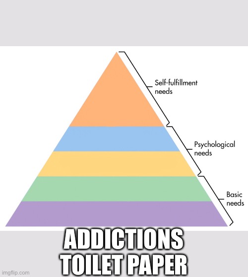 Pyramid of Needs | ADDICTIONS


TOILET PAPER | image tagged in pyramid of needs,maslow,needs,coronavirus,corona virus,toilet paper | made w/ Imgflip meme maker