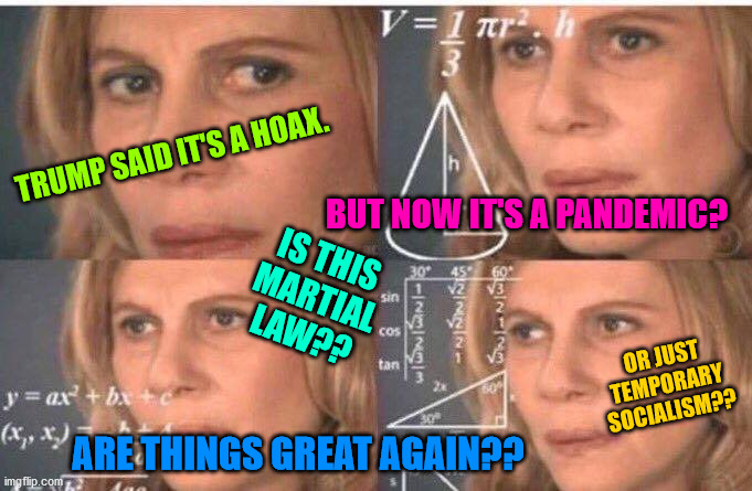 Math lady/Confused lady | TRUMP SAID IT'S A HOAX. BUT NOW IT'S A PANDEMIC? IS THIS MARTIAL LAW?? OR JUST TEMPORARY SOCIALISM?? ARE THINGS GREAT AGAIN?? | image tagged in math lady/confused lady | made w/ Imgflip meme maker
