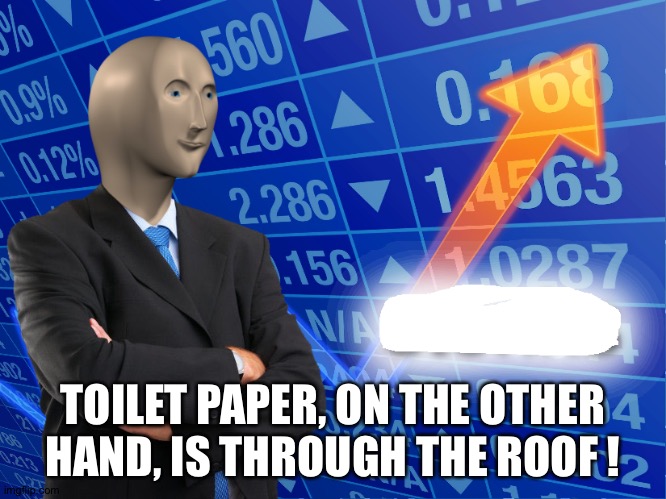 Empty Stonks | TOILET PAPER, ON THE OTHER HAND, IS THROUGH THE ROOF ! | image tagged in empty stonks | made w/ Imgflip meme maker