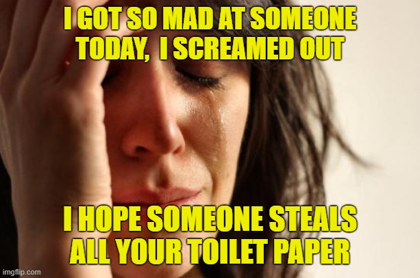 First World Problems Meme | I GOT SO MAD AT SOMEONE TODAY,  I SCREAMED OUT; I HOPE SOMEONE STEALS ALL YOUR TOILET PAPER | image tagged in memes,first world problems | made w/ Imgflip meme maker
