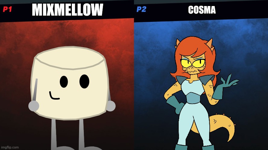 I think I just gave Mixmellow an arch nemesis now | MIXMELLOW; COSMA | image tagged in smash bros 1v1 screen template,mixmellow,cosma,ok ko,dannyhogan200,memes | made w/ Imgflip meme maker