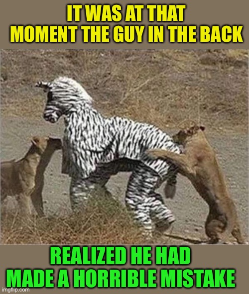 Rear ended | IT WAS AT THAT MOMENT THE GUY IN THE BACK; REALIZED HE HAD MADE A HORRIBLE MISTAKE | image tagged in bad idea,zebra,costume,safari,funny stuff | made w/ Imgflip meme maker