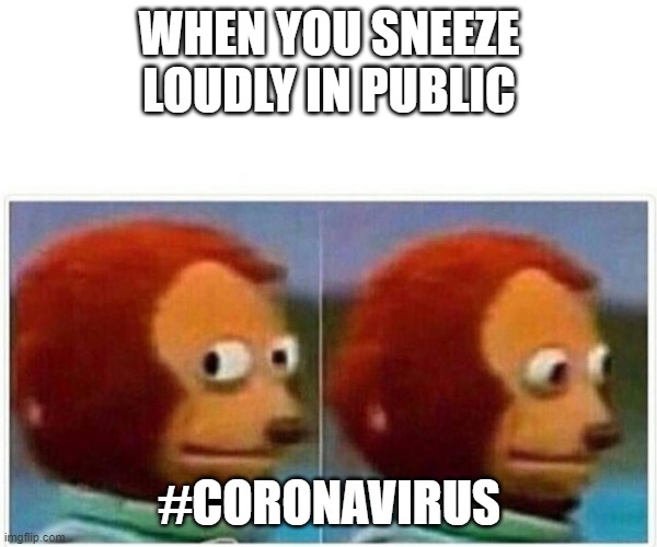 coronavirus | WHEN YOU SNEEZE LOUDLY IN PUBLIC; #CORONAVIRUS | image tagged in monkey puppet | made w/ Imgflip meme maker