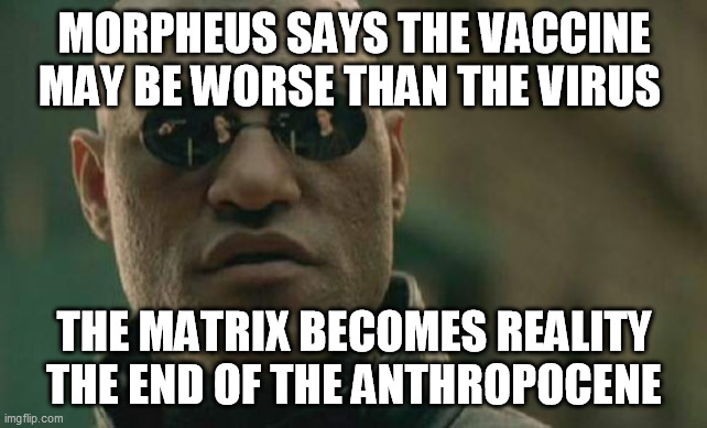 Matrix Morpheus Meme | MORPHEUS SAYS THE VACCINE MAY BE WORSE THAN THE VIRUS; THE MATRIX BECOMES REALITY THE END OF THE ANTHROPOCENE | image tagged in memes,matrix morpheus | made w/ Imgflip meme maker