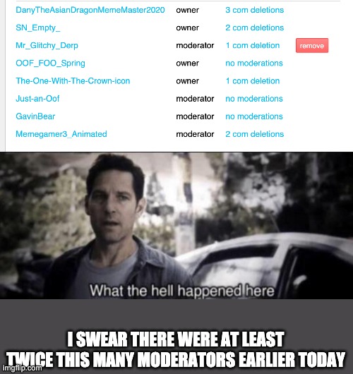 I SWEAR THERE WERE AT LEAST TWICE THIS MANY MODERATORS EARLIER TODAY | image tagged in what the hell happened here | made w/ Imgflip meme maker