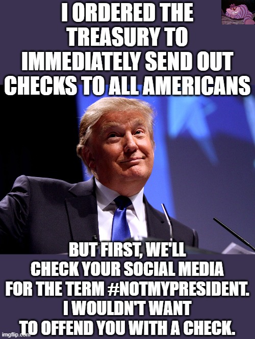 I'm betting no leftist is going send their check back. | I ORDERED THE TREASURY TO IMMEDIATELY SEND OUT CHECKS TO ALL AMERICANS; BUT FIRST, WE'LL CHECK YOUR SOCIAL MEDIA FOR THE TERM #NOTMYPRESIDENT. I WOULDN'T WANT TO OFFEND YOU WITH A CHECK. | image tagged in donald trump no2 | made w/ Imgflip meme maker