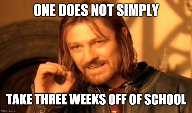One Does Not Simply Meme | ONE DOES NOT SIMPLY; TAKE THREE WEEKS OFF OF SCHOOL | image tagged in memes,one does not simply | made w/ Imgflip meme maker