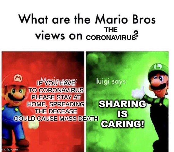 Mario Bros Views | THE CORONAVIRUS; IF YOU HAVE TO CORONAVIRUS PLEASE STAY AT HOME, SPREADING THE DECEASE COULD CAUSE MASS DEATH; SHARING IS CARING! | image tagged in mario bros views | made w/ Imgflip meme maker