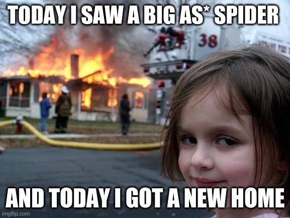 Disaster Girl | TODAY I SAW A BIG AS* SPIDER; AND TODAY I GOT A NEW HOME | image tagged in memes,disaster girl | made w/ Imgflip meme maker