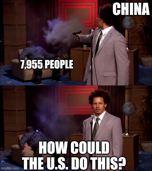 How could they have done this | CHINA; 7,955 PEOPLE; HOW COULD THE U.S. DO THIS? | image tagged in how could they have done this | made w/ Imgflip meme maker