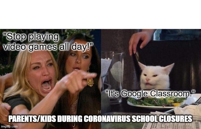 Woman Yelling At Cat | "Stop playing video games all day!"; "It's Google Classroom."; PARENTS/KIDS DURING CORONAVIRUS SCHOOL CLOSURES | image tagged in memes,woman yelling at cat,coronavirus,school,gaming | made w/ Imgflip meme maker