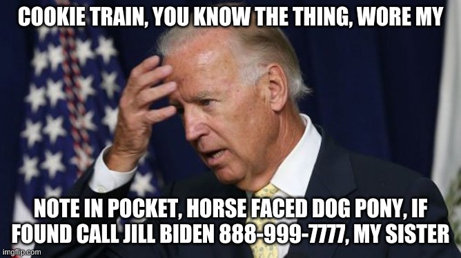Republicans are really scared Joe Biden will be the Democrat nominee, but not as scared as the Democrats. | COOKIE TRAIN, YOU KNOW THE THING, WORE MY; NOTE IN POCKET, HORSE FACED DOG PONY, IF FOUND CALL JILL BIDEN 888-999-7777, MY SISTER | image tagged in joe biden worries | made w/ Imgflip meme maker