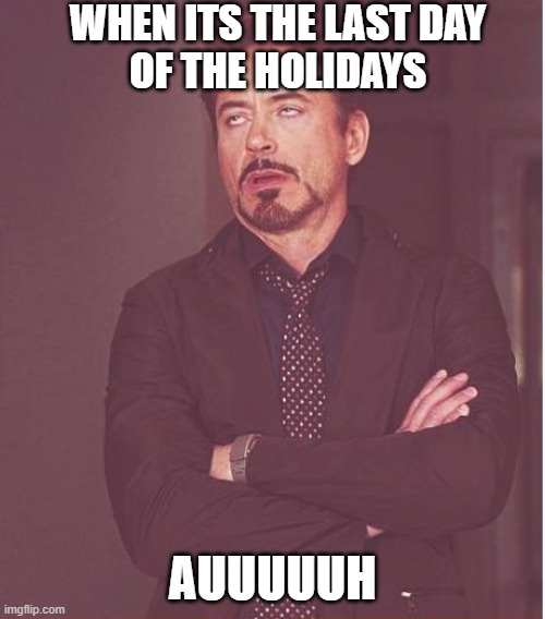 Face You Make Robert Downey Jr | WHEN ITS THE LAST DAY
OF THE HOLIDAYS; AUUUUUH | image tagged in memes,face you make robert downey jr | made w/ Imgflip meme maker
