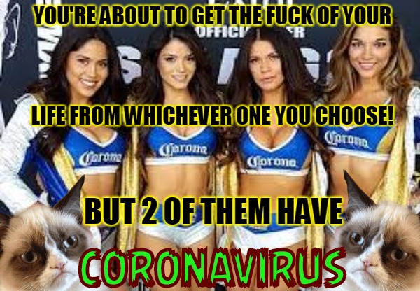 Corona Virus II | YOU'RE ABOUT TO GET THE FUCK OF YOUR
 
 
 
LIFE FROM WHICHEVER ONE YOU CHOOSE! BUT 2 OF THEM HAVE; CORONAVIRUS | image tagged in coronavirus,corona,grumpy cat not amused | made w/ Imgflip meme maker
