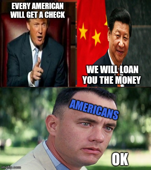 EVERY AMERICAN WILL GET A CHECK; WE WILL LOAN YOU THE MONEY; AMERICANS; OK | image tagged in memes | made w/ Imgflip meme maker