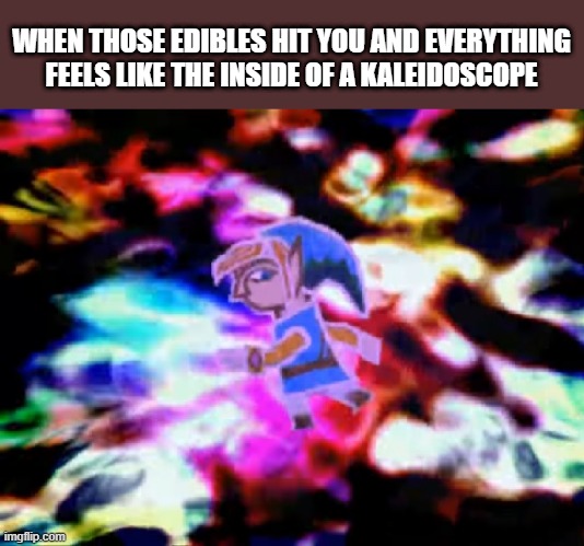 Edible Link | WHEN THOSE EDIBLES HIT YOU AND EVERYTHING FEELS LIKE THE INSIDE OF A KALEIDOSCOPE | image tagged in legend of zelda,link | made w/ Imgflip meme maker
