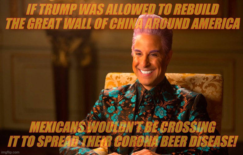 Caesar Flickerman (Stanley Tucci) | IF TRUMP WAS ALLOWED TO REBUILD THE GREAT WALL OF CHINA AROUND AMERICA MEXICANS WOULDN'T BE CROSSING IT TO SPREAD THEIR CORONA BEER DISEASE! | image tagged in caesar flickerman stanley tucci | made w/ Imgflip meme maker