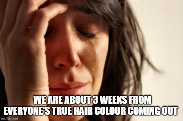 First World Problems Meme | WE ARE ABOUT 3 WEEKS FROM EVERYONE'S TRUE HAIR COLOUR COMING OUT | image tagged in memes,first world problems | made w/ Imgflip meme maker