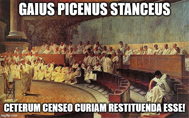 Roman senate | GAIUS PICENUS STANCEUS; CETERUM CENSEO CURIAM RESTITUENDA ESSE! | image tagged in roman senate | made w/ Imgflip meme maker