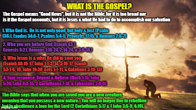 1 Corinthians 15:1-4 | WHAT IS THE GOSPEL? The Gospel means "Good News", but it is not the Bible, for it is too broad nor is it the Gospel accounts, but it is Jesus & what He had to do to accomplish our salvation; 1. Who God is.  He is not only good, but holy & just (Psalm 136:1, Exodus 34:6-7, Psalms 5:4-5, Proverbs 17:15, & Romans 2:6-7); 2. Who you are before God (Isaiah 43:7, Genesis 8:21, Romans 1:18-24, 2:14-24, & 3:9-18,); 3. Who Jesus is & what He did to save you (Isaiah 48:16-17, John 1:1-3, 14, 3:16-17, Isaiah 53:1-6, 10, John 19:30, Acts 1:1-11, & Galatians 3:10-13); 4. Your response: Repent & Believe (Mark 1:15, John 5:24, Luke 8:4-15, 2 Corinthians 7:10, & Ephesians 2:8-9); The Bible says that when you are saved you are a new creature, meaning that you possess a new nature.   You will no longer live in rebellion but in obedience & love for the Lord (2 Corinthians 5:17 & 1 John 3:6-9, 4:19). | image tagged in theology,gospel,salvation,bible,jesus christ,christianity | made w/ Imgflip meme maker