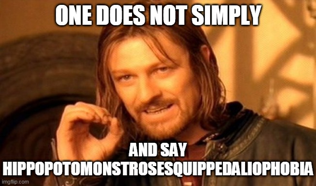 One Does Not Simply Meme | ONE DOES NOT SIMPLY; AND SAY HIPPOPOTOMONSTROSESQUIPPEDALIOPHOBIA | image tagged in memes,one does not simply | made w/ Imgflip meme maker