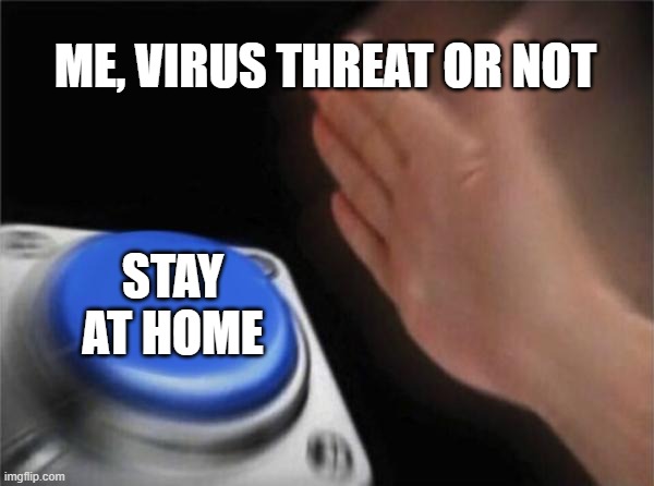 I'll admit I'm a homebody | ME, VIRUS THREAT OR NOT; STAY AT HOME | image tagged in memes,blank nut button,homebody,shut in,stay at home,coronavirus | made w/ Imgflip meme maker