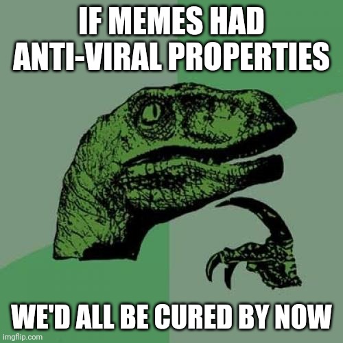 Philosoraptor Meme | IF MEMES HAD ANTI-VIRAL PROPERTIES; WE'D ALL BE CURED BY NOW | image tagged in memes,philosoraptor | made w/ Imgflip meme maker