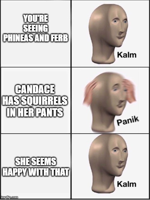 Kalm panik kalm | YOU'RE SEEING PHINEAS AND FERB; CANDACE HAS SQUIRRELS IN HER PANTS; SHE SEEMS HAPPY WITH THAT | image tagged in kalm panik kalm | made w/ Imgflip meme maker