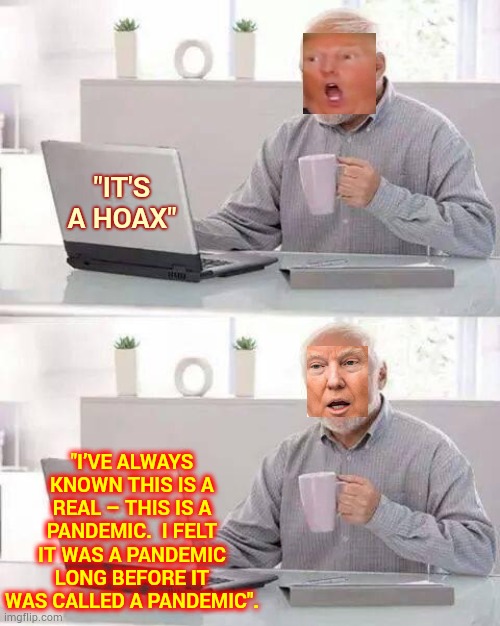 Donald Trump Lies And Lies And Lies And Lies And Lies And Lies And Lies And Lies And Lies And Lies And Lies And Lies And Lies | "IT'S A HOAX"; "I’VE ALWAYS KNOWN THIS IS A REAL – THIS IS A PANDEMIC.  I FELT IT WAS A PANDEMIC LONG BEFORE IT WAS CALLED A PANDEMIC". | image tagged in memes,hide the pain harold,trump unfit unqualified dangerous,liar in chief,pathetic,trump lies | made w/ Imgflip meme maker