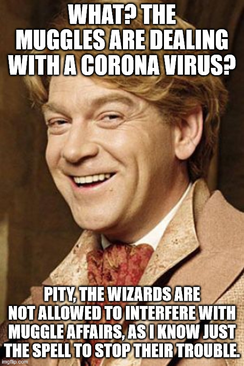 Well, since his skills are legend, maybe.... | WHAT? THE MUGGLES ARE DEALING WITH A CORONA VIRUS? PITY, THE WIZARDS ARE NOT ALLOWED TO INTERFERE WITH MUGGLE AFFAIRS, AS I KNOW JUST THE SPELL TO STOP THEIR TROUBLE. | image tagged in gilderoy lockhart | made w/ Imgflip meme maker
