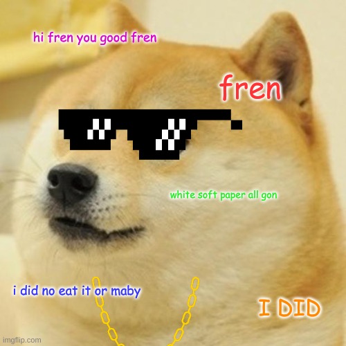 Doge | hi fren you good fren; fren; white soft paper all gon; i did no eat it or maby; I DID | image tagged in memes,doge | made w/ Imgflip meme maker