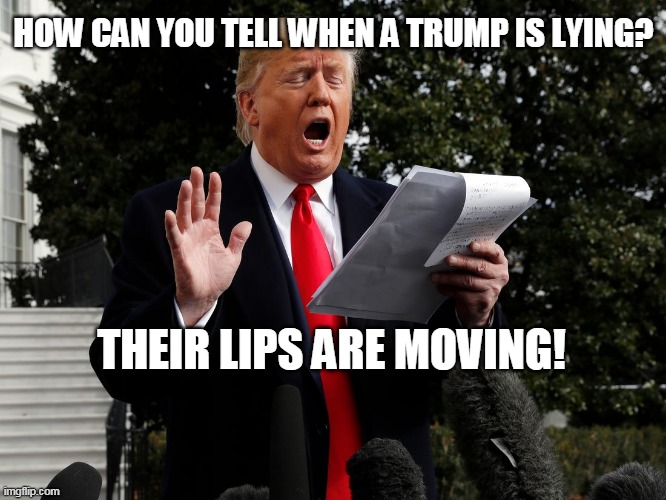 How can you tell when a Trump is lying? | HOW CAN YOU TELL WHEN A TRUMP IS LYING? THEIR LIPS ARE MOVING! | image tagged in trumnp,liar,lips moving,joke,lying,worst ever | made w/ Imgflip meme maker