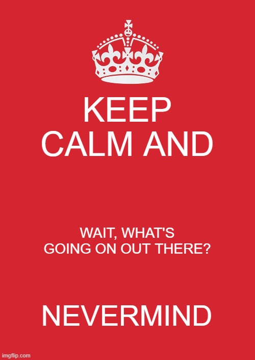 You're damaging my calm! | KEEP CALM AND; WAIT, WHAT'S GOING ON OUT THERE? NEVERMIND | image tagged in memes,keep calm and carry on red,nevermind,panic | made w/ Imgflip meme maker